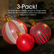 Three striped balloons on a dark surface with text describing their versatility.